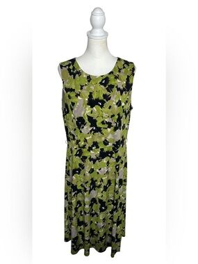 Evan Picone Black Label Green Black Abstract Sleeveless Midi Dress EUC Sz 16